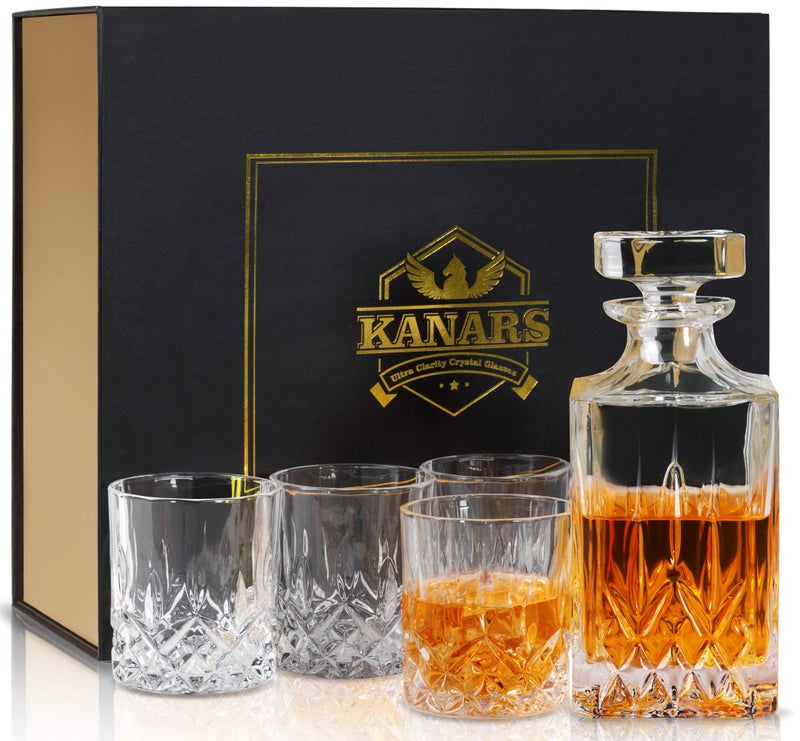 KANARS Whiskey Decanter And Glasses Set in Unique Gift Box - Original Crystal Liquor Decanter Set For Bourbon, Scotch, Vodka, Rum or Whisky, 5-Piece, Gifts for Men Dad - Image 1